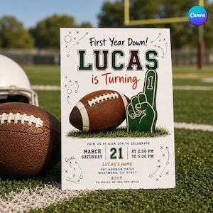 May include: A white birthday invitation card featuring a brown football, a green foam finger with the number one, and text reading First Year Down! LUCAS is Turning. The card includes event details for March 21 at 2:00 PM at 987 Harbor Drive.