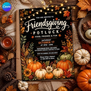 May include: A black Friendsgiving potluck invitation card featuring a decorative border of autumn leaves, pumpkins, a lantern, and string lights. The text includes event details for Saturday, October 17, from 2 PM to 5 PM at Maplewood Rock and Bowl.