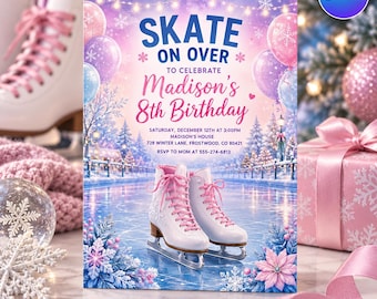 Ice Skating Birthday Invitation, Skate On Over Party Invite, Winter Wonderland Girl Skate Party, Editable Canva Template D792