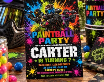 Paintball Birthday Invitation, Paintball Party Invite, Neon Splatter Boys 7th Birthday Card, Action Gun Canva Template D795