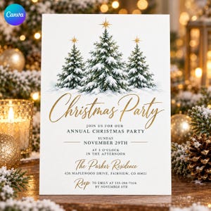 May include: A white Christmas party invitation card featuring three watercolor-style evergreen trees topped with gold stars. The text reads: Christmas Party, JOIN US FOR OUR ANNUAL CHRISTMAS PARTY, SUNDAY NOVEMBER 29TH, AT 5 O'CLOCK, The Parker Residence, 426 MAPLEWOOD DRIVE, FAIRVIEW, CO 80421, RSVP TO EMILY AT 555-284-7316 BY NOVEMBER 8TH.