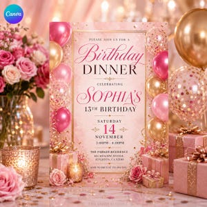 Puede incluir: Una tarjeta de invitación rectangular para la cena del 13º cumpleaños de Sophia el 14 de noviembre. El diseño presenta un fondo rosa con bordes dorados, rodeado de globos rosas y dorados, cajas de regalo y rosas con texto impreso.