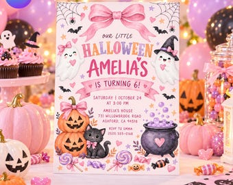 Pink Halloween Birthday Invitation, Cute Ghost Black Cat Girls Party Invite, Pastel Spooky 6th Birthday Evite, Canva Template D808