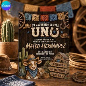 May include: A rectangular birthday invitation card with a dark wood grain background featuring a calf wearing a cowboy hat and blue bandana, a rustic barn, cacti, and festive bunting. The text reads UN VAQUERITO CUMPLE UNU, MATEO HERNÁNDEZ.