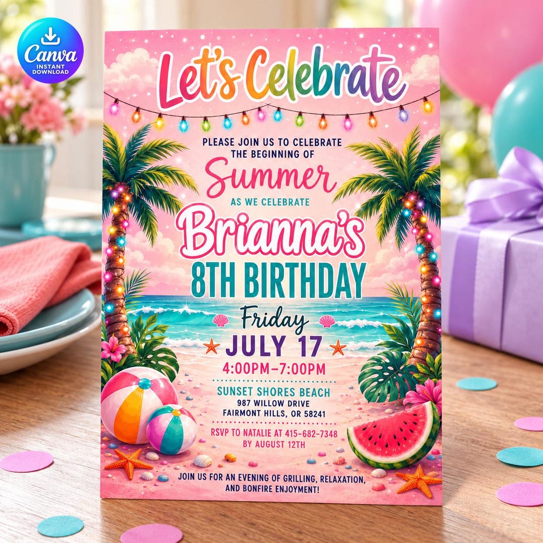 Summer Beach Birthday Invitation, Tropical Pool Bonfire Party Invite ...