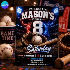 Puede incluir: Tarjeta de invitación de cumpleaños con temática de béisbol, fondo de estadio, rayos rojos y azules, guante, pelota y bate. Texto: IT'S GAME TIME MASON'S IS TURNING 8, Saturday, NOVEMBER 14 AT 3:00PM, MASON'S HOME 428 WILLOW DRIVE BELLROSE, NY 11706, RSVP TO EMILY AT 555-384-7261.