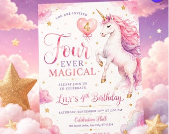 4歳の誕生日招待状、ピンクのユニコーン4歳の誕生日招待状、かわいい女の子のパーティーカード、Canvaテンプレート