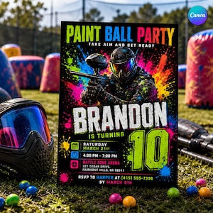 May include: A rectangular party invitation sign featuring a paintball player in a mask holding a marker, surrounded by colorful paint splatters. Text reads: PAINT BALL PARTY, BRANDON IS TURNING 10, SATURDAY MARCH 21ST, 4:00 PM - 7:00 PM, BATTLE ZONE ARENA.