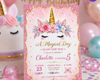 Pink Glitter Unicorn Birthday Invitation, Magical Gold Horn Party Invite, Floral Eyelashes Girl Card, Canva Template D018