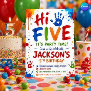 May include: A rectangular birthday party invitation card with a white background featuring colorful paint splatters, handprints, and the text Hi FIVE IT'S PARTY TIME! Join us to celebrate JACKSON'S 5TH BIRTHDAY with event details including date, time, and address.