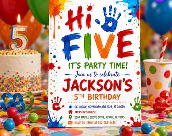High Five Birthday Invitation, Paint Splatter 5th Birthday Invite, Colorful Handprint Party Card, Canva Template D019