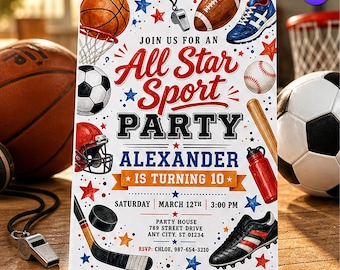 May include: A rectangular party invitation card featuring sports illustrations including a basketball, football, soccer ball, helmet, whistle, baseball, bat, water bottle, hockey stick, and puck. Text reads: JOIN US FOR AN All Star Sport PARTY ALEXANDER IS TURNING 10 SATURDAY MARCH 12TH 3:00 PM PARTY HOUSE 789 STREET DRIVE ANY CITY ST 01234 RSVP: CHLOE, 987-654-3210.