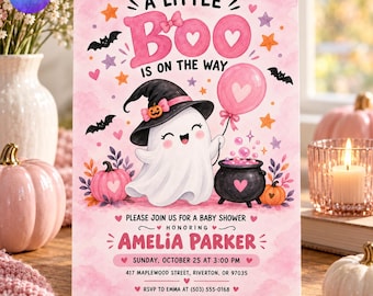 A Little Boo Baby Shower Invitation, Pink Halloween Ghost Baby Shower Invite, Spooky Cute Girl Evite, Canva Template D806