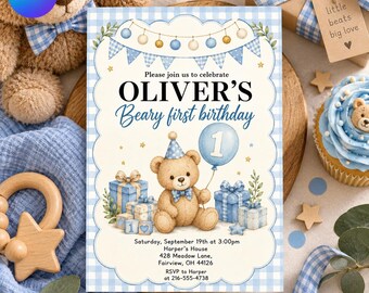 Beary First Birthday Invitation, Teddy Bear 1st Birthday Invite Boy, Blue Gingham First Birthday Party, Editable Canva Template D793