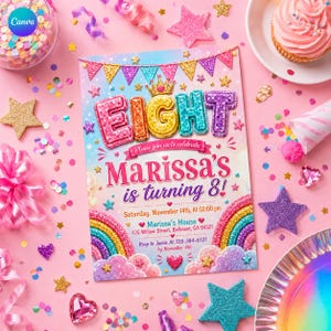 May include: A rectangular birthday invitation card featuring the word EIGHT in glittery letters, a crown, rainbow, and clouds. The text reads: Please join us to celebrate Marissa's is turning 8! Saturday, November 14th, At 02:00 pm, Marissa's House, 426 Willow Street, Belmont, CA 94521, Rsvp to Jamie At 555-384-6721 by November 4th.