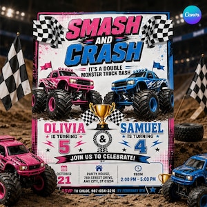 Könnte beinhalten: Eine rechteckige Einladungskarte mit dem Text SMASH AND CRASH IT'S A DOUBLE MONSTER TRUCK BASH. Das Design zeigt einen rosa und einen blauen Monstertruck, einen goldenen Pokal, Zielflaggen sowie die Namen Olivia und Samuel mit den Zahlen 5 und 4.