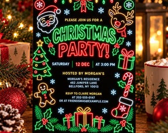 Neon Christmas Party Invitation, Glowing Holiday Night Invite, Retro Xmas Tree Reindeer Celebration, Canva Template D817