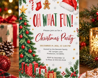Christmas Party Invitation, Oh What Fun Holiday Invite, Watercolor Xmas Tree Gingerbread Celebration, Canva Template D816