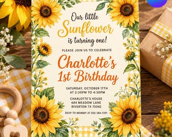 Sunflower 1st Birthday Invitation, Our Little Sunflower Is Turning One Invite, Yellow Gingham First Birthday, Canva Template D799