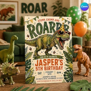 Könnte beinhalten: Eine rechteckige Geburtstagseinladungskarte mit einem grünen Tyrannosaurus Rex, der einen gelben Partyhut und eine rote Sonnenbrille trägt. Der Text lautet STOMP, CHOMP, AND ROAR, JOIN US TO CELEBRATE JASPER'S 5TH BIRTHDAY, SAT FEBRUARY 14TH 4PM, JASPER'S HOUSE 654 MAPLE DRIVE, RAVENWOOD, CO 58321, RSVP TO MARISSA AT (555) 274-6813.