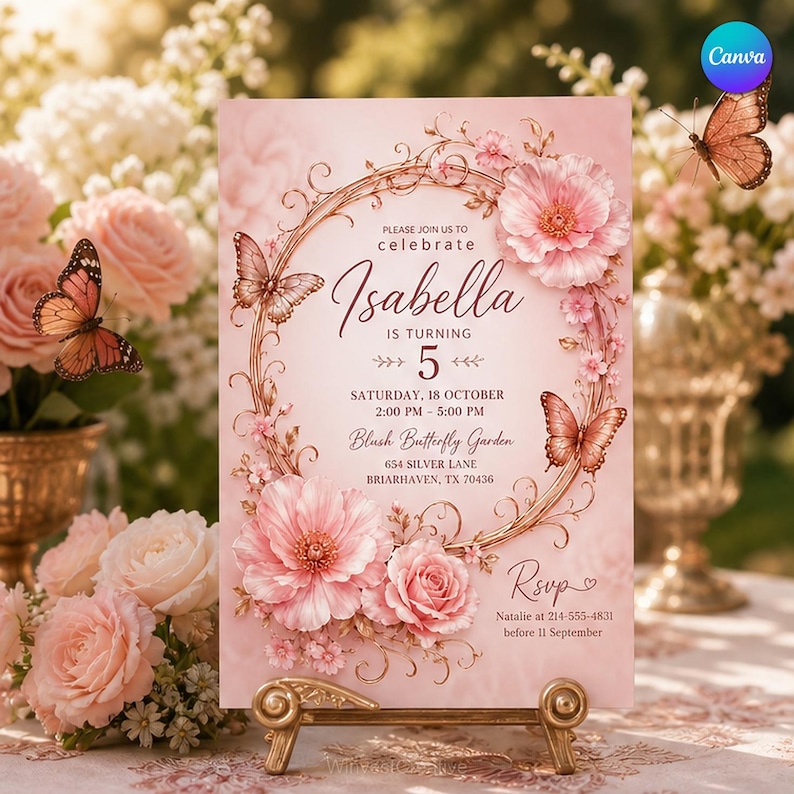 Blush Pink Floral Butterfly Birthday Invitation, Rose Gold Butterfly ...