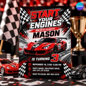 Puede incluir: Una invitación rectangular con un coche de carreras rojo con el número 3, banderas a cuadros y el texto START YOUR ENGINES, JOIN US TO CELEBRATE MASON IS TURNING 3, NOVEMBER 18, 3:00-5:00 PM, PARTY HOUSE, 789 STREET DRIVE, ANY CITY, ST 01234, RSVP TO CHLOE: 987-654-3210.