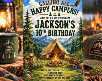 Camping Birthday Invitation, Happy Camper Birthday Invite, Boys 10th Birthday Campout Party, Outdoor Adventure, Canva Template D790