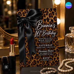 Può includere: Un biglietto d'invito di compleanno rettangolare con un motivo leopardato marrone e nero e un grande fiocco in raso nero. Il testo recita: Bianca's 16th Birthday, Please join us for a wild night to celebrate, Saturday March 14th, 6:00-9:00 PM, Savanna Bistro, 987 Amber Court, Bellhaven, NC 43817, RSVP at (555) 296-7418.