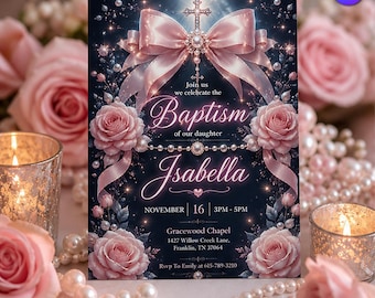 Girl Baptism Invitation, Pink Floral Rosary Invite, Holy Communion Canva Template D020