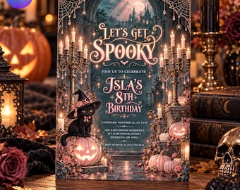 Let's Get Spooky Birthday Invitation, Pink Gothic Halloween Party Invite, Witch Cat Candelabra Girls Evite, Canva Template D810