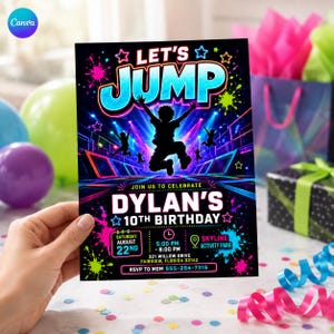 May include: A rectangular birthday invitation card with a black background featuring neon paint splatters in pink, blue, and green. The text reads LET'S JUMP, DYLAN'S 10TH BIRTHDAY, and includes event details for Saturday August 22nd at Skyline Activity Park.