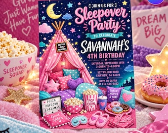 Sleepover Birthday Invitation, Slumber Party Invite, Pajama Glamping Tent Girls Birthday Evite, Editable Canva Template D802