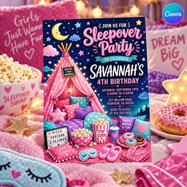 Sleepover Birthday Invitation, Slumber Party Invite, Pajama Glamping Tent Girls Birthday Evite, Editable Canva Template