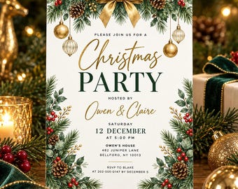 Christmas Party Invitation, Elegant Holiday Invite, Pine Greenery Gold Bow Xmas Dinner Celebration, Canva Template D818