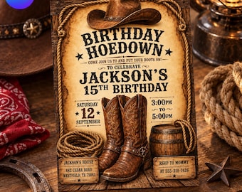 Birthday Hoedown Invitation, Western Cowboy Party Invite, Rustic Country Boots Barn Birthday Evite, Canva Template D804