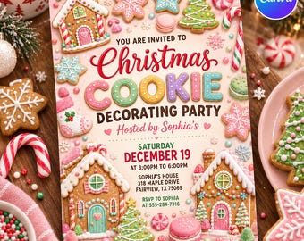 Christmas Cookie Decorating Party Invitation, Gingerbread House Holiday Invite, Kids Christmas Baking Celebration, Canva Template D796