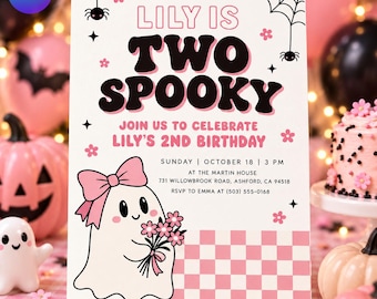 Two Spooky 2nd Birthday Invitation, Retro Pink Halloween Ghost Party Invite, Cute Toddler Girl Evite, Editable Canva Template D813