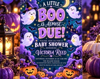 A Little Boo Is Almost Due Baby Shower Invitation, Purple Halloween Ghost Baby Shower Invite, Spooky Cute Evite, Canva Template D809