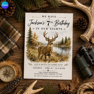 May include: A rectangular birthday invitation card featuring a watercolor illustration of a deer in a forest by a lake. The text reads: We have Jackson's 7th birthday in our sights. Let's hunt up some fun! Saturday, April 18 at 4:30 PM.