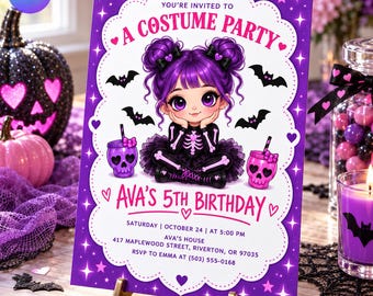 Costume Party Birthday Invitation, Purple Skeleton Girls Halloween Invite, Cute Spooky 5th Birthday Evite, Canva Template D811