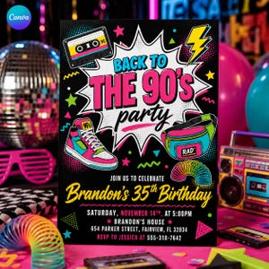 May include: A black rectangular party invitation with the text BACK TO THE 90'S PARTY, JOIN US TO CELEBRATE BRANDON'S 35TH BIRTHDAY, SATURDAY, NOVEMBER 14TH, AT 5:00PM, BRANDON'S HOUSE, 654 PARKER STREET, FAIRVIEW, FL 32034, RSVP TO JESSICA AT 555-318-7642.
