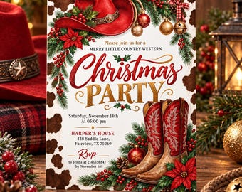 Western Christmas Party Invitation, Country Holiday Invite, Cowboy Boots Hat Cowhide Xmas Celebration, Canva Template D819