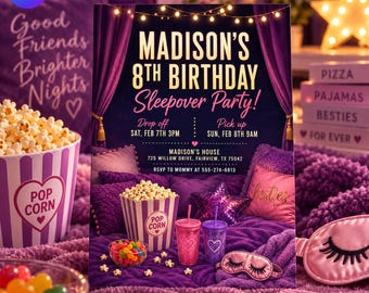 Sleepover Birthday Invitation, Slumber Party Invite Girls, Movie Night Pajama 8th Birthday, Glow Lights, Canva Template D788