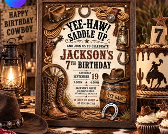 Cowboy Birthday Party Invitation, Western Yee Haw Saddle Up Invite, Rustic Wild West Rodeo Celebration, Canva Template D797