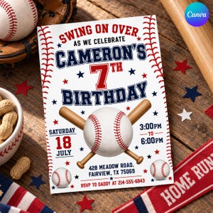 May include: A rectangular birthday invitation card with a baseball theme. The text reads: SWING ON OVER AS WE CELEBRATE CAMERON'S 7TH BIRTHDAY. It includes event details for Saturday, July 18, 3:00PM to 6:00PM, at 428 Meadow Road, Fairview, TX 75069.