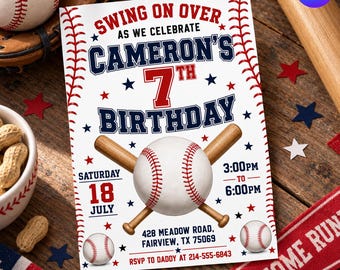 Baseball Birthday Invitation, Swing On Over Party Invite, Sports Boy 7th Birthday Card, Vintage Baseball Canva Template D794