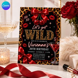 Op de afbeelding: Een rechthoekige verjaardagsuitnodiging met een luipaardprint rand, een grote rode strik bovenaan met twee kersen en een martini-glas afbeelding. De tekst luidt Let's get WILD, JOIN US TO CELEBRATE Vivienne's 30TH BIRTHDAY en de evenementdetails.