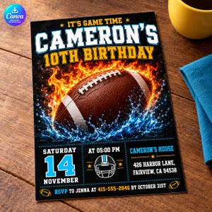Invito di compleanno a tema calcio, invito per festa sportiva a tema partita, modello per festa pre-partita con schizzi d'acqua e fiamme, modificabile su Canva D601
