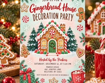 Gingerbread House Decorating Party Invitation, Christmas Holiday Cookie Invite, Cute Winter Bash, Canva Template D820