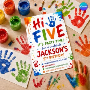 May include: A rectangular birthday invitation card with the text HI FIVE IT'S PARTY TIME! JOIN US TO CELEBRATE JACKSON'S 5TH BIRTHDAY. The card features colourful handprints and paint splatters in red, blue, green, orange, and yellow.